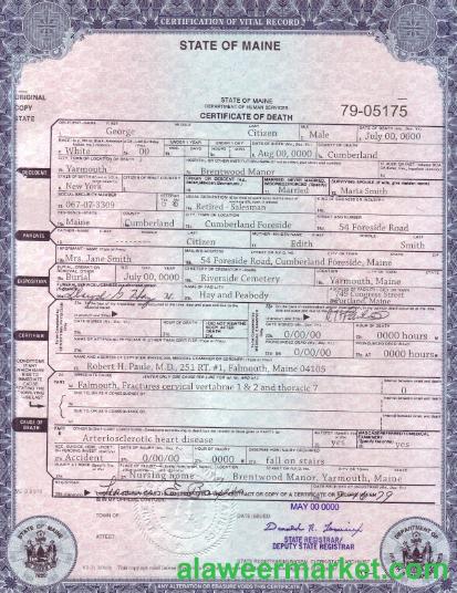 USA Maine state death certificate template in PSD format